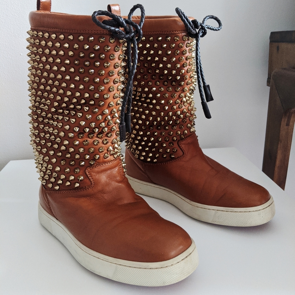 Louboutin Surlapony mid-calf brown leather boots